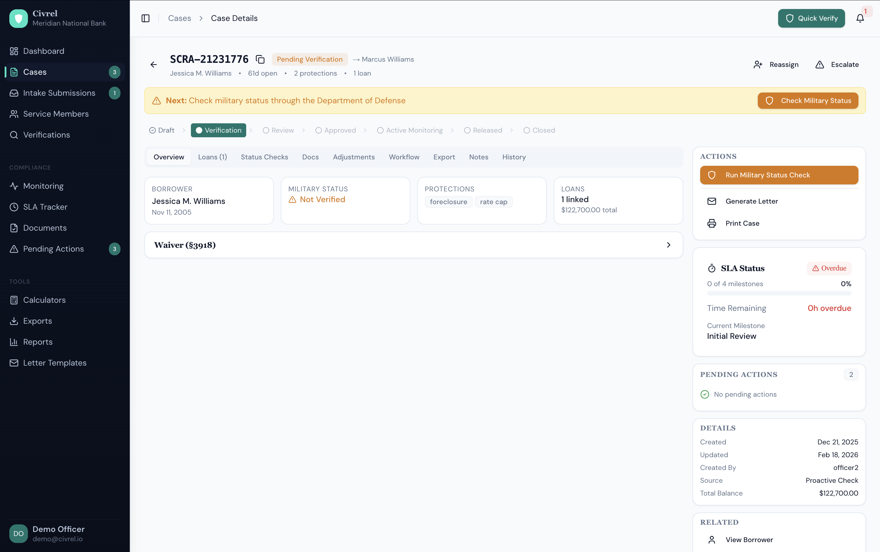 civrel.io case detail view with DMDC verification and audit trail